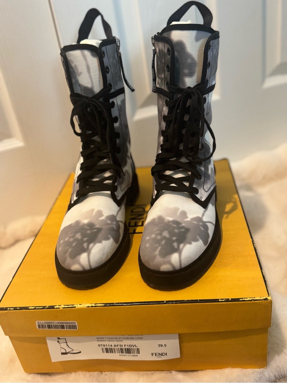 Fendi Black and White Lace-Up Canvas Combat Boots